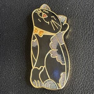 Vintage Black Cat Pin Brooch Smiling Kitty Bow tie Enamel Halloween Jewelry
